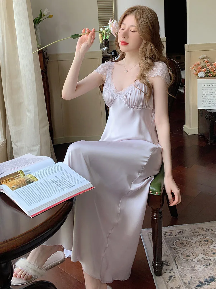 Sexy Deep V Neck Long Nightdress Sleepwear Elegant French Court Style Nightgown Casual Loose Thin Soft Satin Home Dress Bathrobe