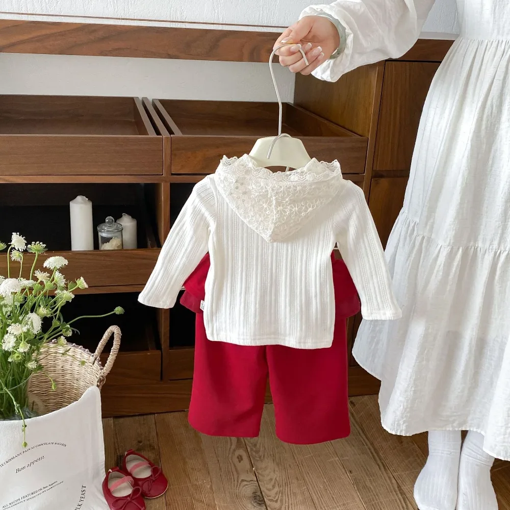 New Autumn 2 Pcs Outfit For Baby Girls, Lace Hooded Ribbed Sweatshirt Loose Fit Shirttail Pants Kids Casual Set