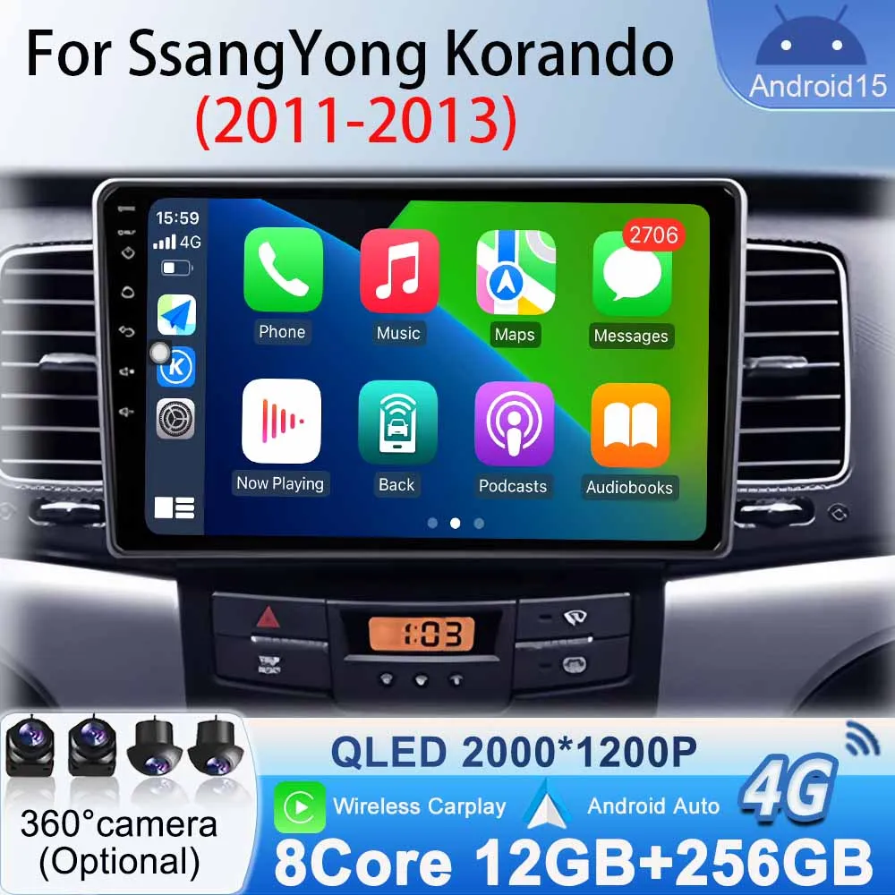 Radio WIFI GPS Navigation for SsangYong Korando 2011 2012 2013 Car Android 15 Multimedia BT Player Wireless Carplay Android Auto