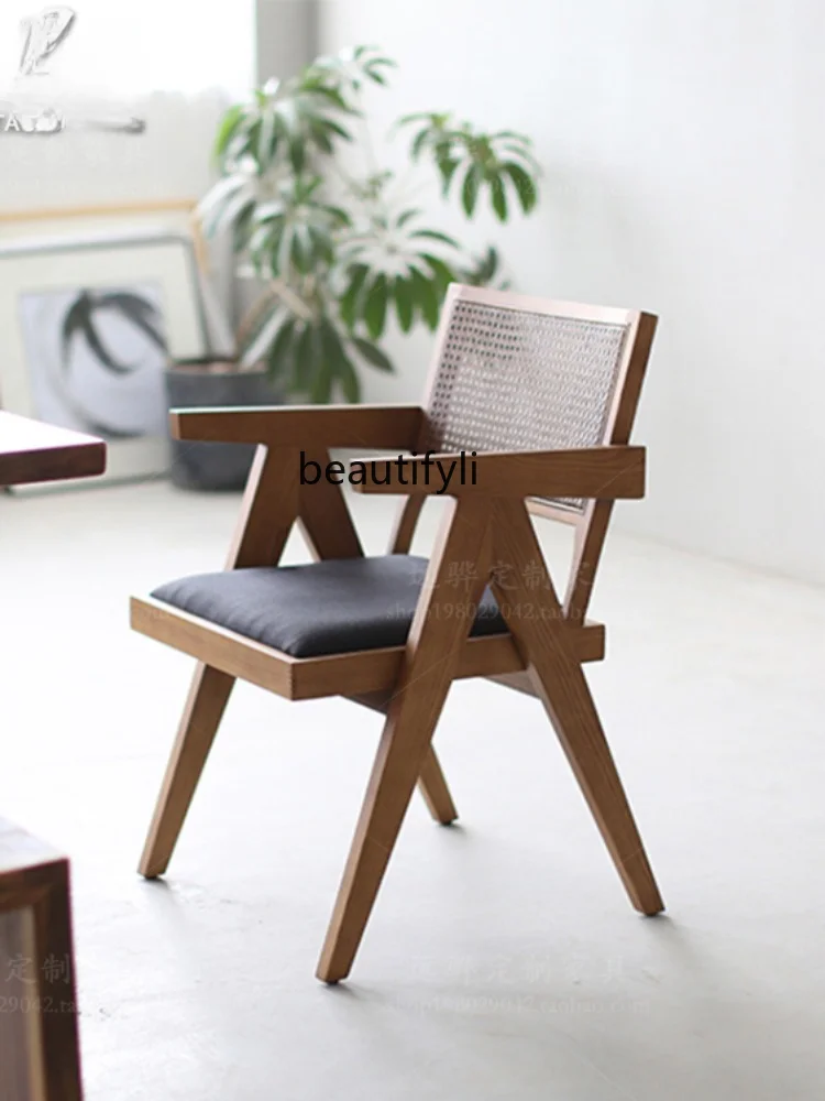 Nordic Casual Belt Armrest Dining Chair New Chinese Retro Armchair Restaurant Ideas Rattan Solid Wood Chair