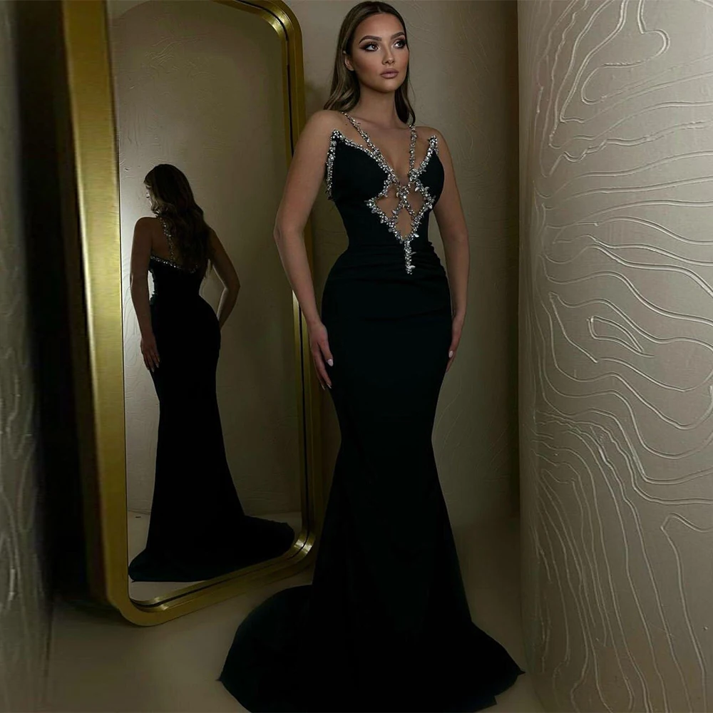 

Luxury Party Dress Black Satin Rhinestone Bespoke Occasion Gown Mermaid Sweetheart Long Dresses Elegant Party Dresses Woman