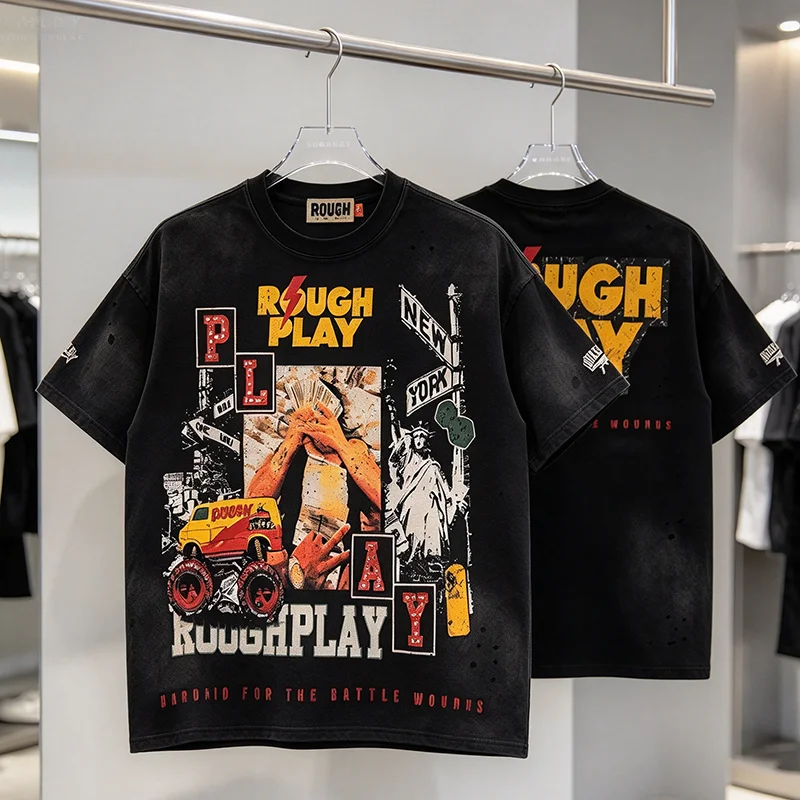 Rough Play New York Statue Liberty Print T‑Shirt Men Distressed Hole Short Sleeve Tee