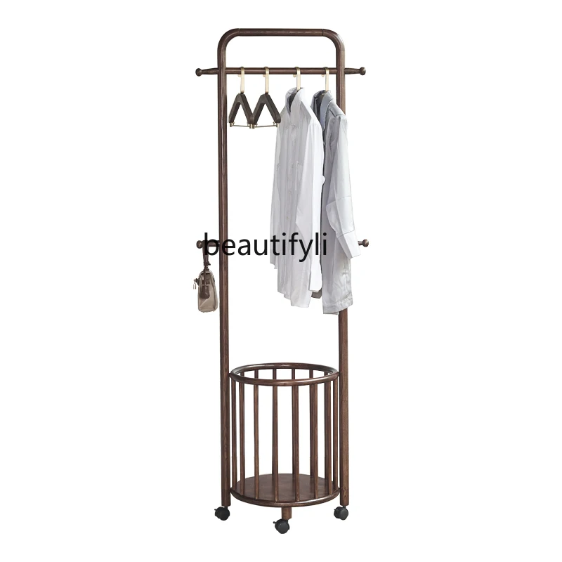 Floor Hanger Bedroom and Household Solid Wood Hanger Multi-Functional Removable Coat Rack with Laundry Basket