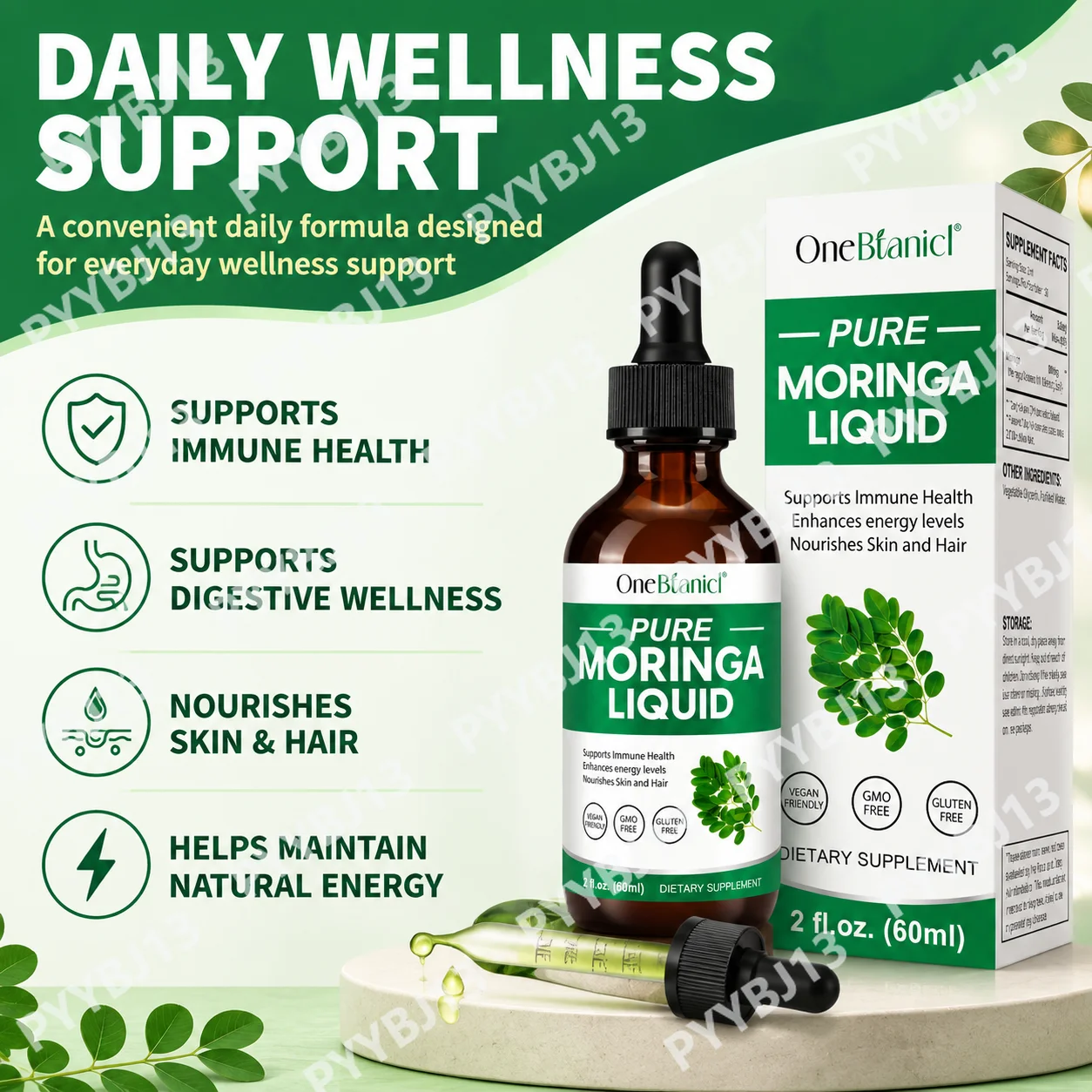 OneBtanicl Moringa Leaf Extract,an oral drop that promotes skin and hair health,natural energy,vegan,non GMO,sugar free,60ml