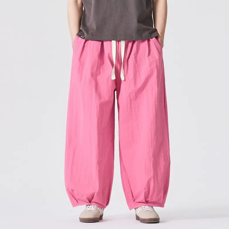 

Men Summer Thin Solid Ice Silk Harem Pants Japanese Loose Wide Leg Drawstring Casual Plus Size Streetwear Trousers
