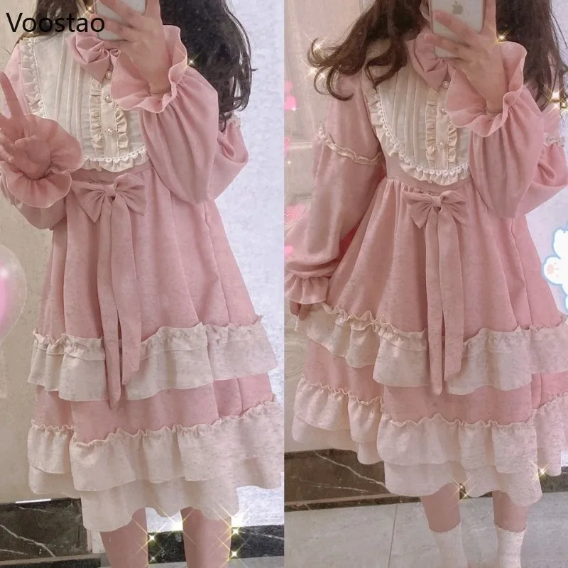 Japanese Sweet Lolita Dress Women Harajuku Pink Bow Ruffles Lace Princess Kawaii Party Dresses Cute Girls Student Loose Vestidos