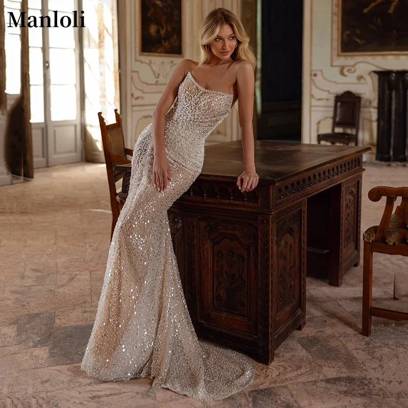 Böhmisches trägerloses Meerjungfrau-Hochzeitskleid für Damen, schulterfrei, mit Pailletten, Brautballkleid, Hochzeit, Party, Abendkleid, individuell