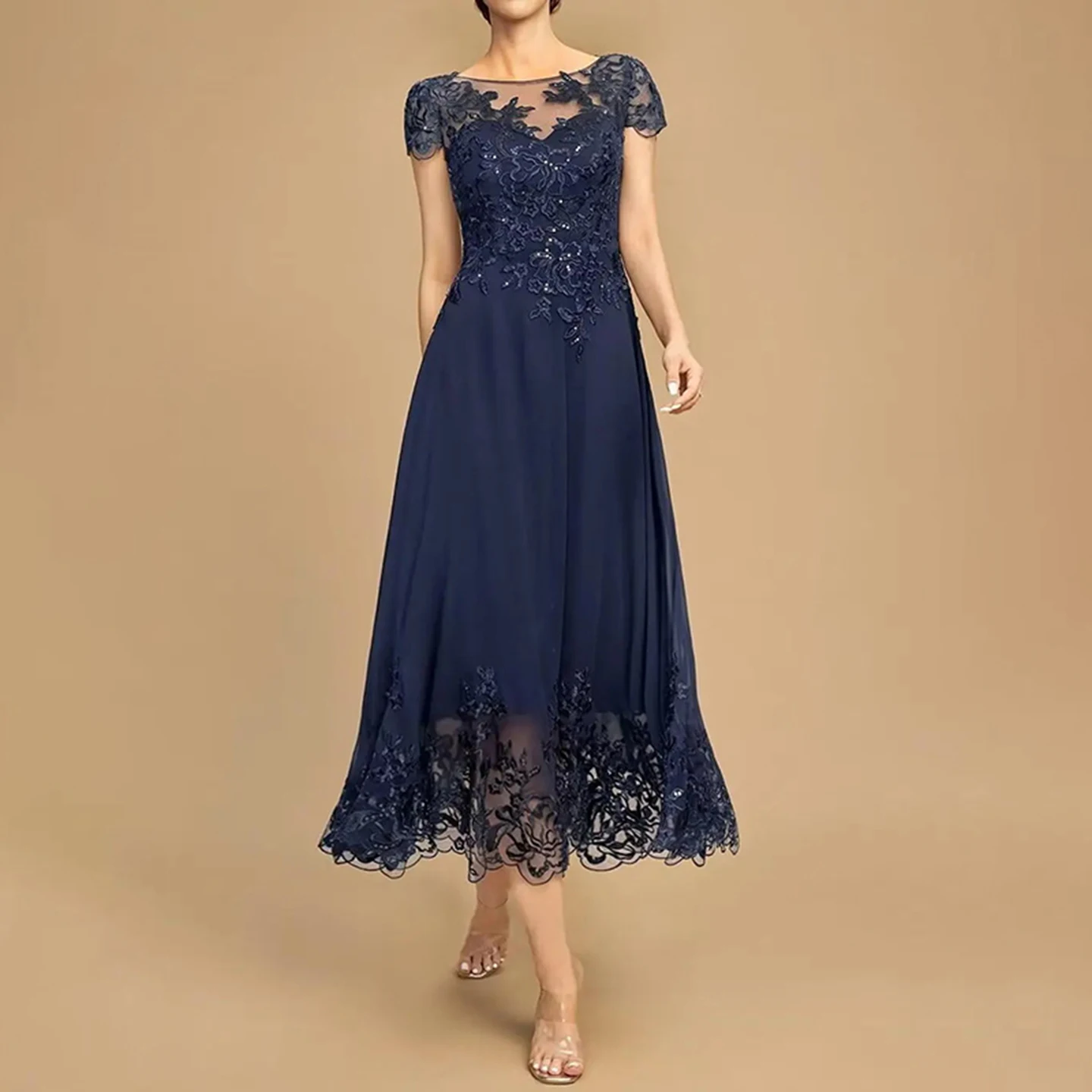 

Elegant Navy Blue Lace Evening Dress Cap Sleeve Mother of the Bride Dress for Wedding Party Dress A-line Tea Length Formal Gown