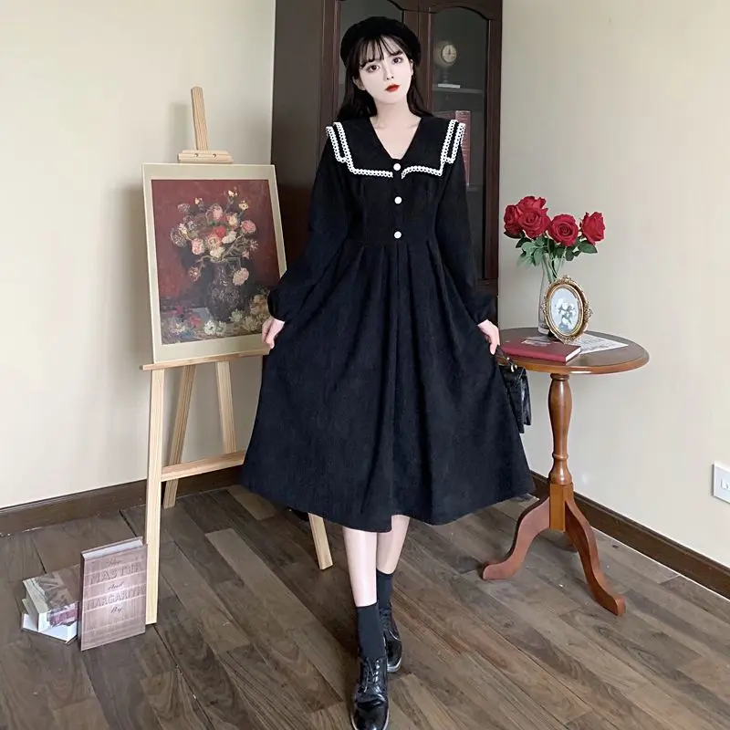 Woman Elegant Party Dresses Korean Vintage Corduroy Black Dress Long Sleeve Robe Clothes Japanese Peter Pan Collar Vestidos 2022