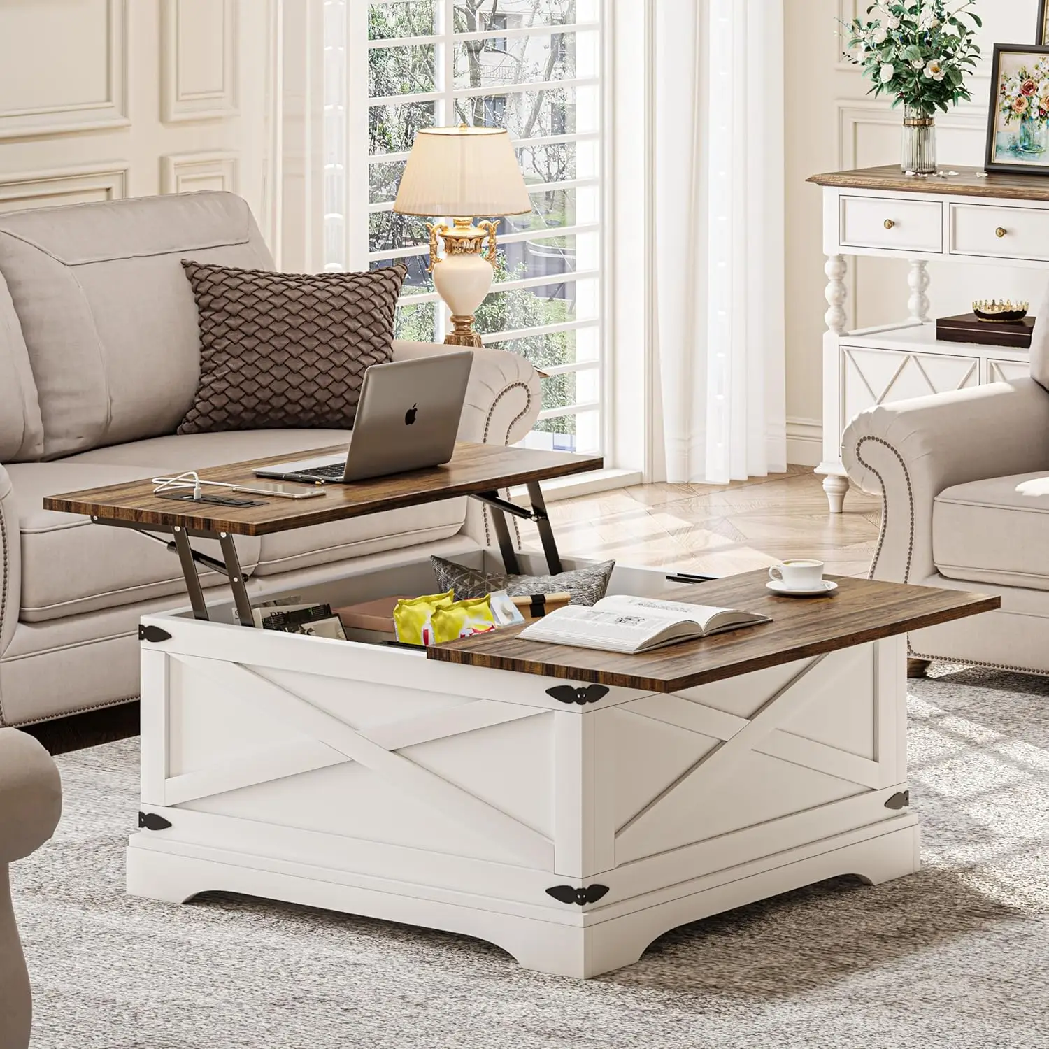 Table basse relevable avec ports de rangement et de chargement, table carrée blanche pour le salon