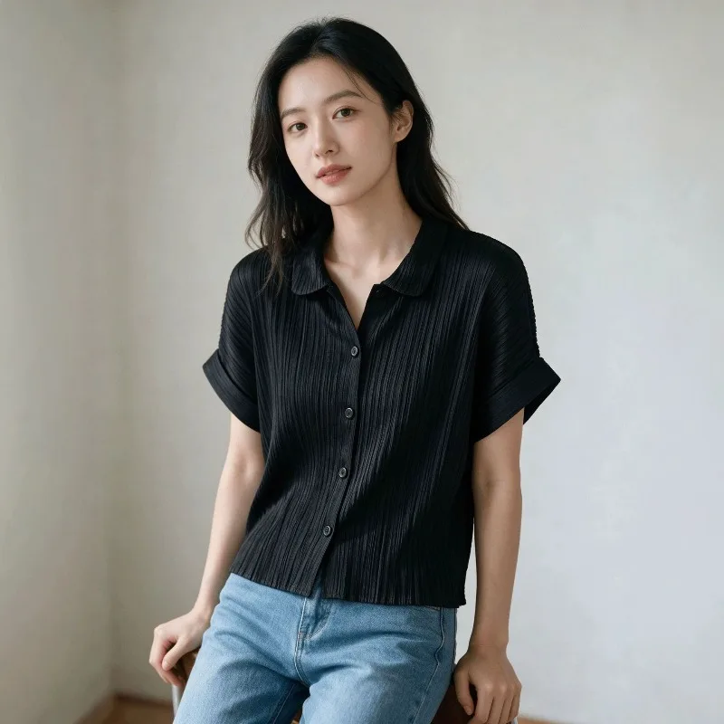 Miyake Pleated Short Sleeve Shirt Plisse Women 2026 Summer Doll Collar Single-Breasted Loose Shirt Cardigan Slim Versatile Top