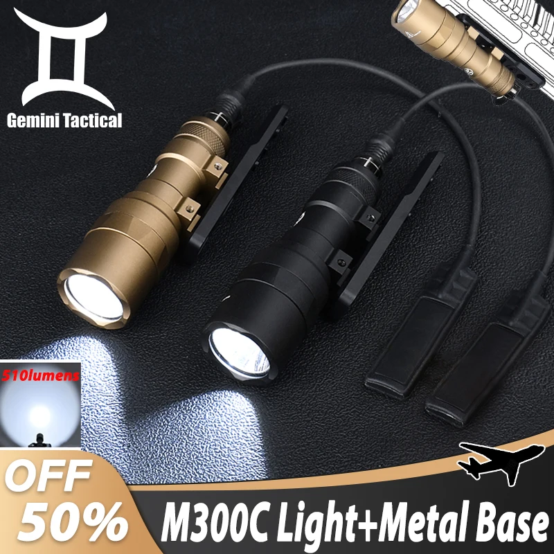 WADSN Airsoft M300C Flashlight 510Lumens High Power LED White Light M300 Hunting Spotlight With Metal Offset Mount Fit 20MM Rail