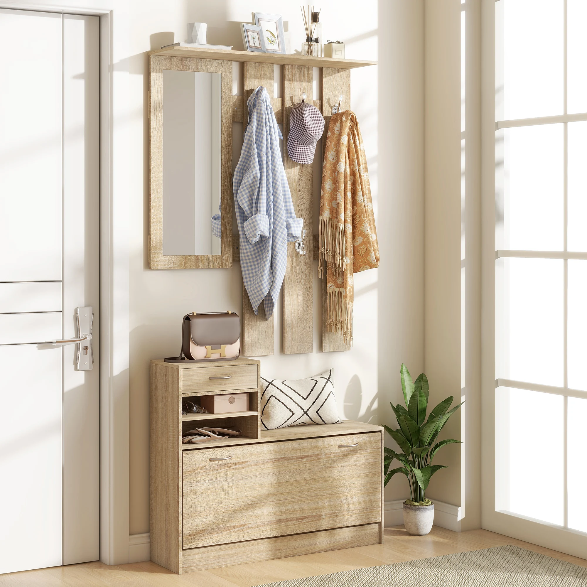 HOMCOM sets 3-in-1 entree- en garderobemeubel met bord, kapstok, spiegel en schoenenbank - 6 haken en verstelbare plank, natuurlijk effect