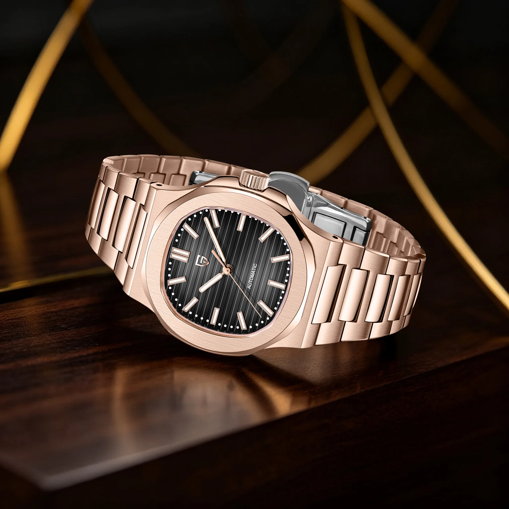 PAGANI DESIGN Business Elite Mens Automatic Mechanical Watch Rounded Octagon Case Vertical Striped Dial Stainless Luminous Watch
