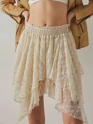 Women Lace Mini Skirts Solid Color Fashion Floral y2k Skirt Casual Vacation Flowy Fit Aesthetic Sheer Dress 2024 New Streetwear