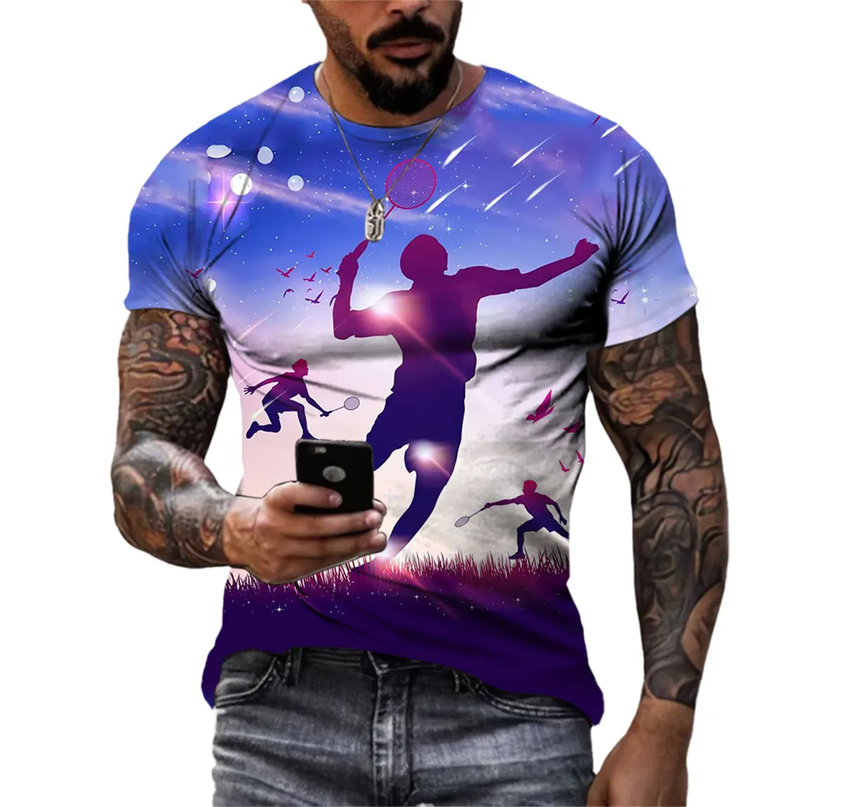 Summer New Sports Badminton Men's T-shirt 3d Printing Trend Personality Sunny Handsome Casual Short Sleeve Premium O-neck Top