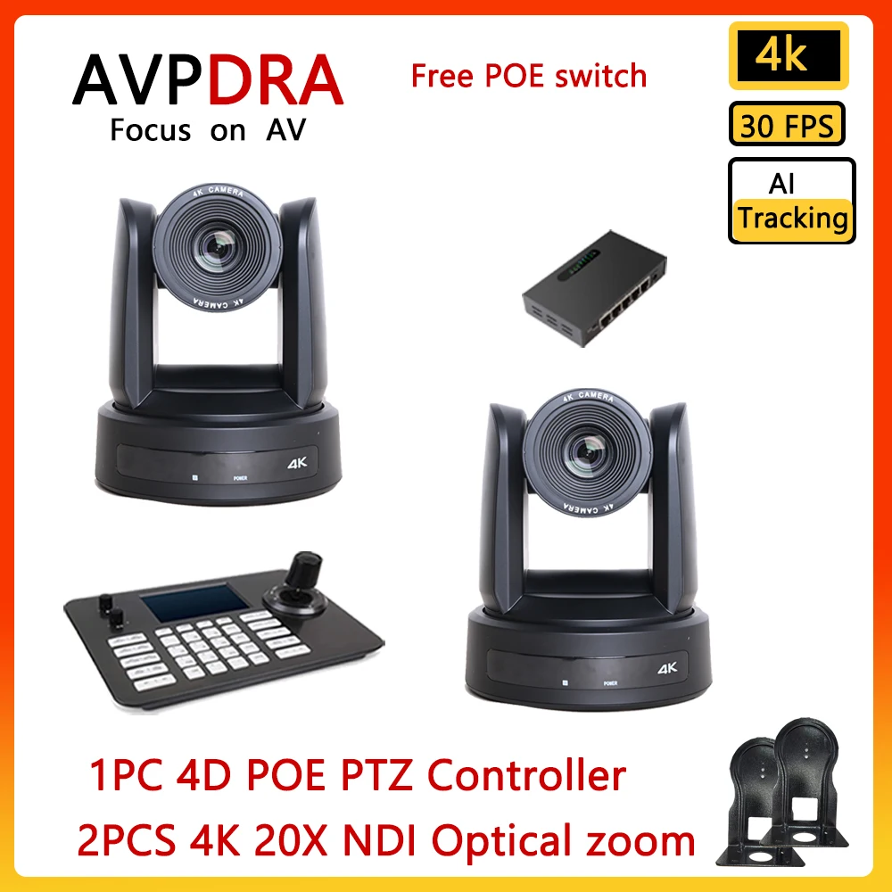 2PCS 4K 10X/12X/20X Conference Camera NDI SDI USB HDMI PTZ Camera and 4D POE Joystick Network Controller for Business Meeting