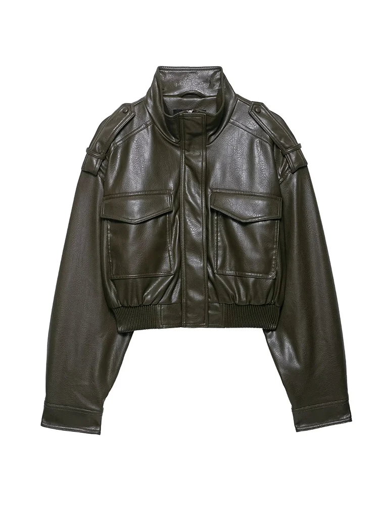 2025 feminino efeito de couro falso jaqueta curta vintage gola manga longa com alças bolsos casual streetwear