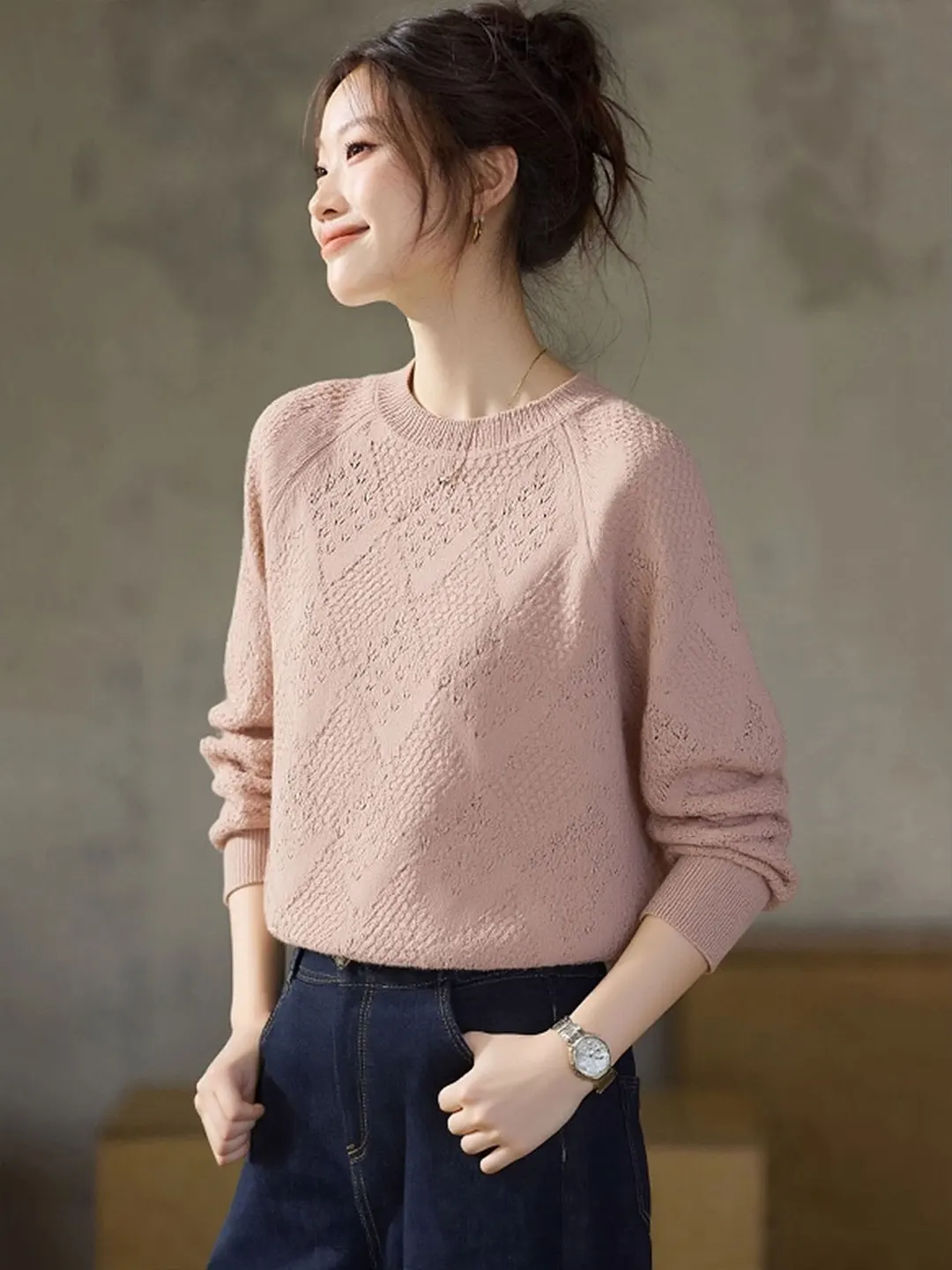 

Женский вязаный свитер с круглым вырезом и длинными рукавами, свободного кроя, с ажурным цветочным узором, зимний топ, удобный, уютный