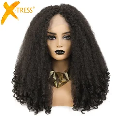 Synthetic Lace Front Wig Middle Part Afro Kinky Curly Long Fluffy Hair Wigs Darker Brown 20 Inch Heat Friendly Hairstyle X-TRESS