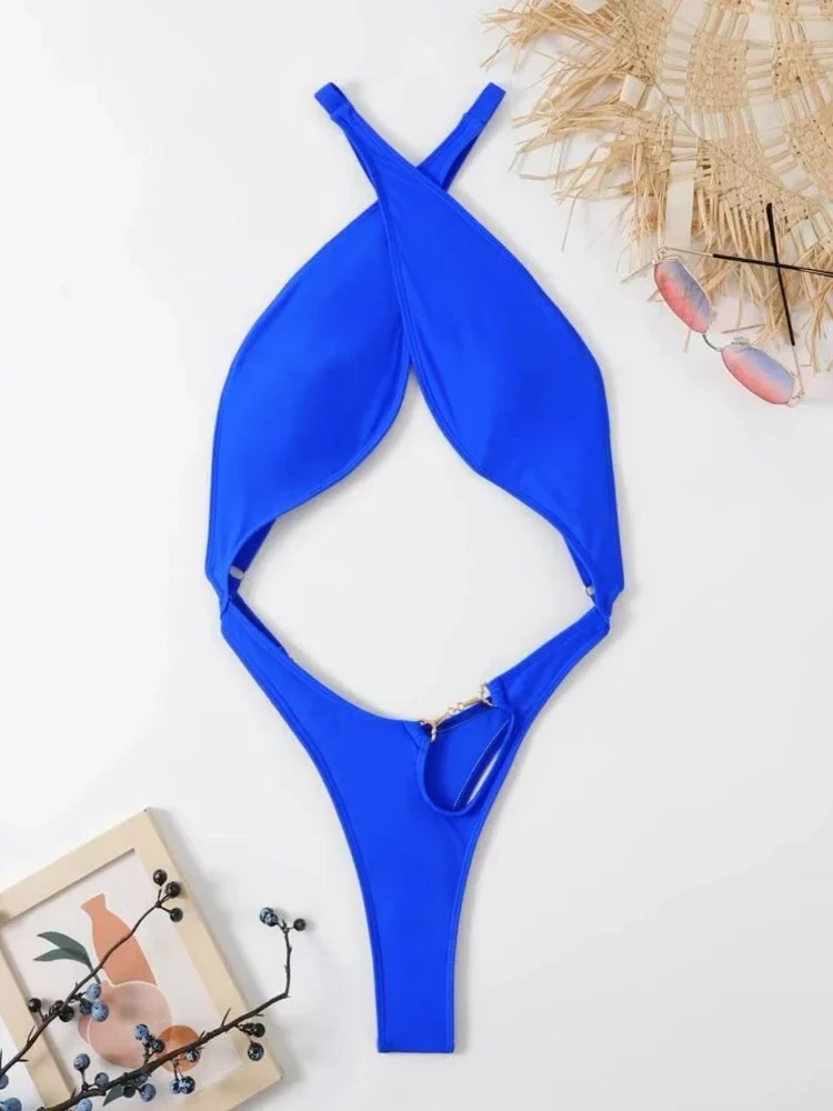 Bañador Sexy de una pieza para mujer, traje de baño Halter con corte cruzado, Monokini de Tanga con Espalda descubierta, microbikini de realce, color azul sólido