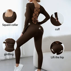 Women Square Neck Beauty Back Yoga Jumpsuit One Piece Yoga Fitness Tight Workout Bodysuit