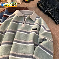 Japonya erkek Y2K örme sıcak Polo örgü çizgili balıkçı yaka kazak gömlek kış Streetwear triko kore giysi Jumper erkekler