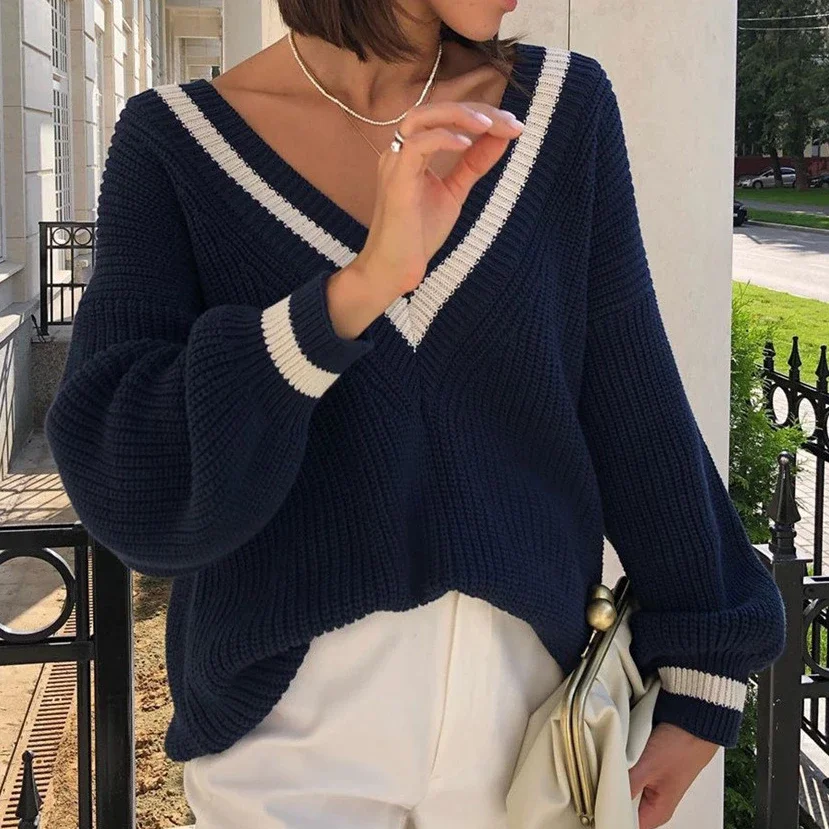 V-neck Sweater Kintted Women Thick Loose Pullovers Navy Spring Autumn Winter Jumper White Y2k Top Crochet Jumper Streetwear