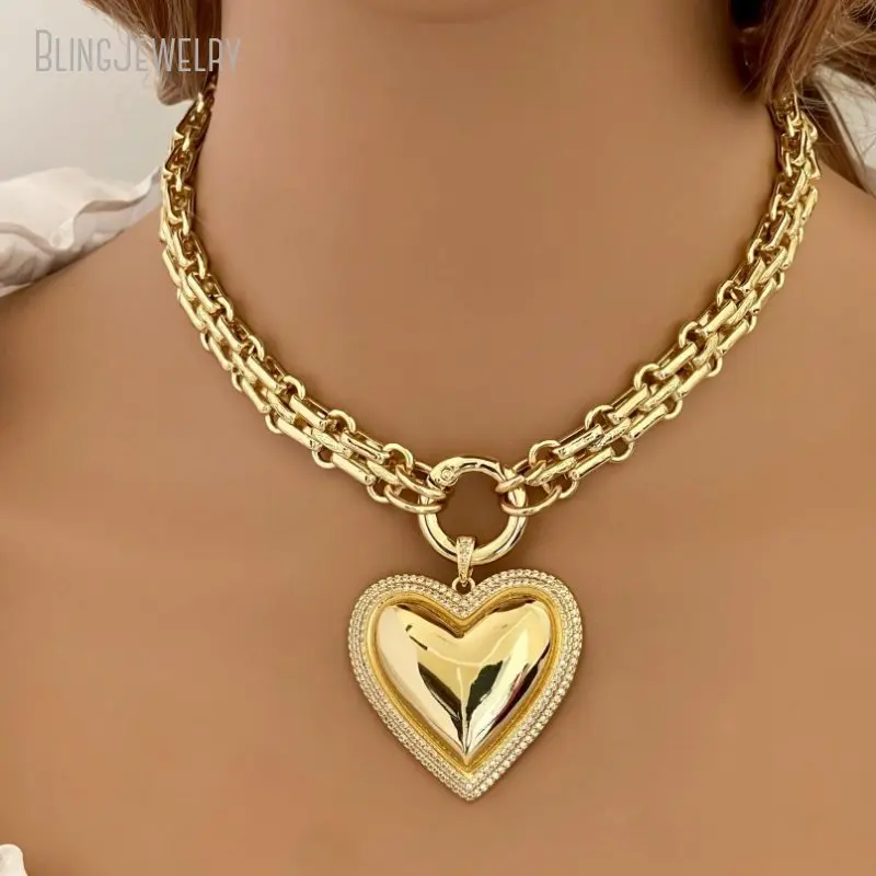 

10pcs Gold Color Chunky Multilink Chain Large Heart Pendant Necklace Micro Pave Bezel Textured Chain Spring Clasp Gift For Her