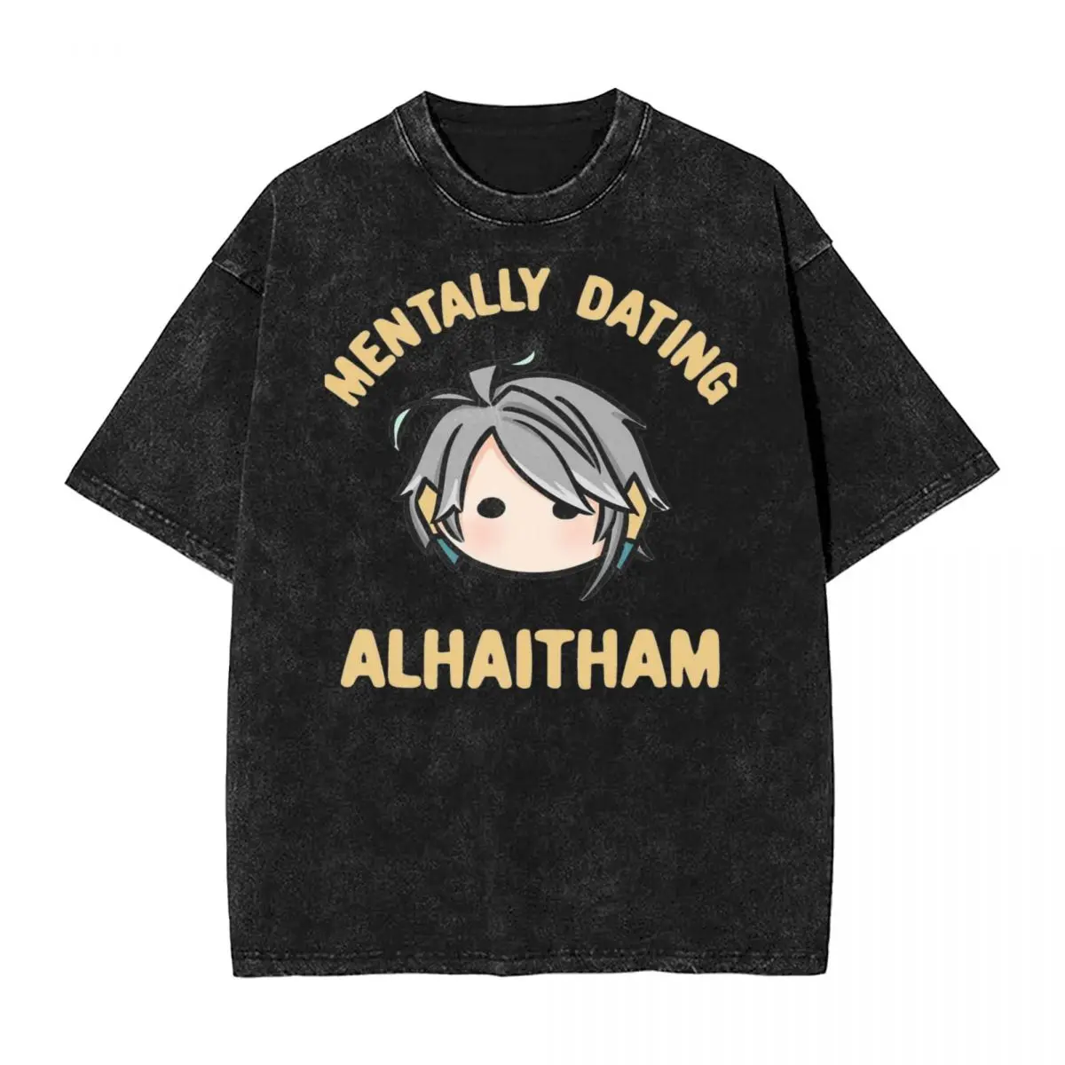 Genshin Impact Mentally Dating Alhaitham Chibi Head Washed T Shirts Streetwear Hip Hop T-Shirts Tee Shirt for Men Women Oversize