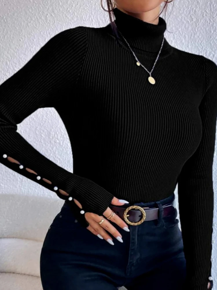 2024 Autumn Winter Sweater Women Knitted Ribbed Pullover Sweater Long Sleeve Beading Turtleneck Slim Jumper Soft Warm Pull Femme