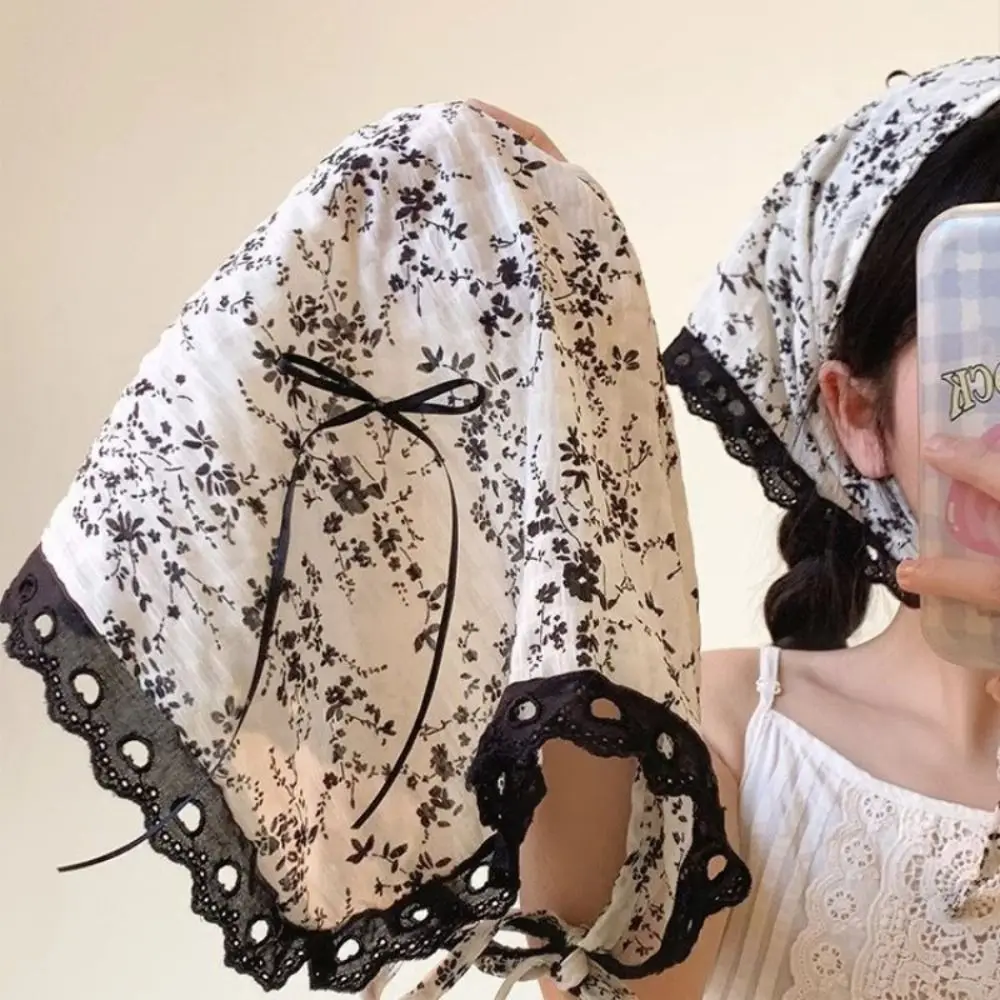 

French Pastoral Triangle Headband New Chinese Style Sweet Ink Wash Floral Lace Headscarf Handmade Beach Vacation Hair Scarf