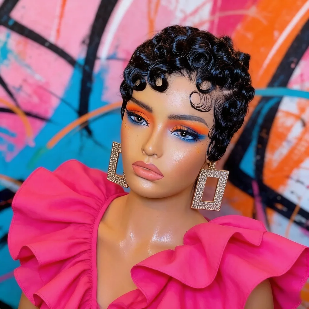 

Парик из натуральных волос с кружевной передней частью 13x4, короткий многослойный парик пикси-каре, кудрявый парик пикси-каре