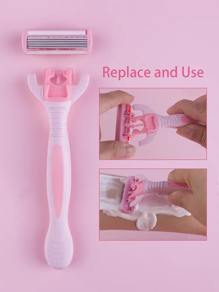 دليل 1 مقبض + 12 شفرات/ آمن لإزالة الشعر للرجال والنساء ماكينة حلاقة من الفولاذ المقاوم للصدأ مكونة من 6 طبقات رأس ماكينة حلاقة قابلة للاستبدال