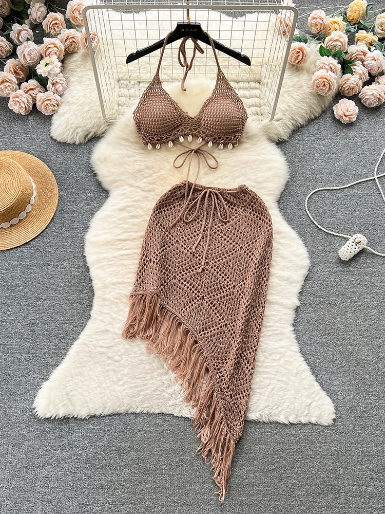 

Women's Coffee Two Piece Sets Vintage Sleeveless Crop Top with Long Skirt Vintage Y2k Knitted Skirt Sets Elegant 2000s Clothes