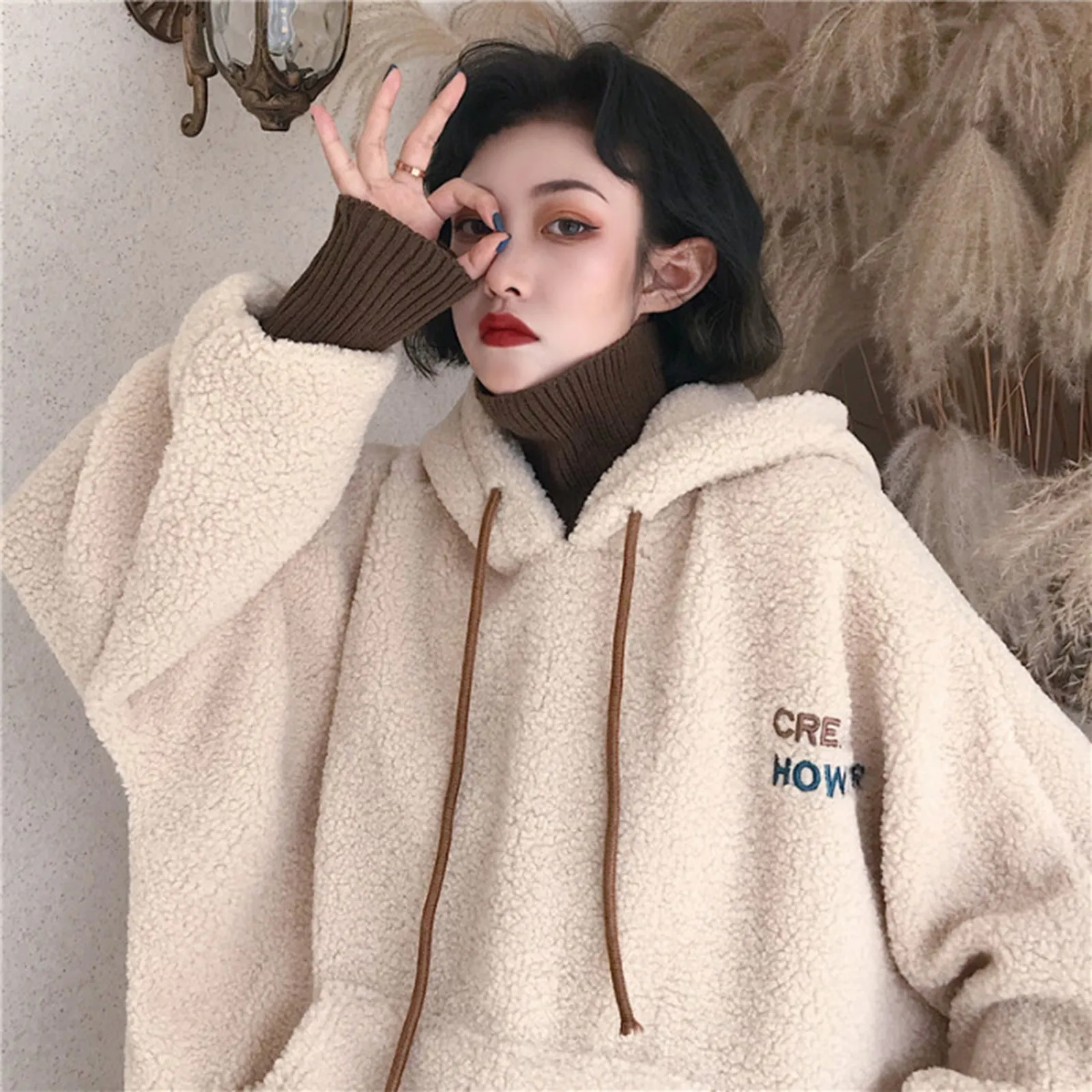 2024 Autumn Winter Fleece Hoodies Women Korean Style Plush Oversized Hoodie Kpop Ladies Fluffy Sweatshirt