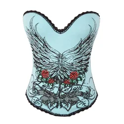 Blue Burlesque Corselet Top Wings and Roses Printed Gothic Punk Sexy Vintage Corset Boned Cotton Strap Overbust Bustiers Tattoo