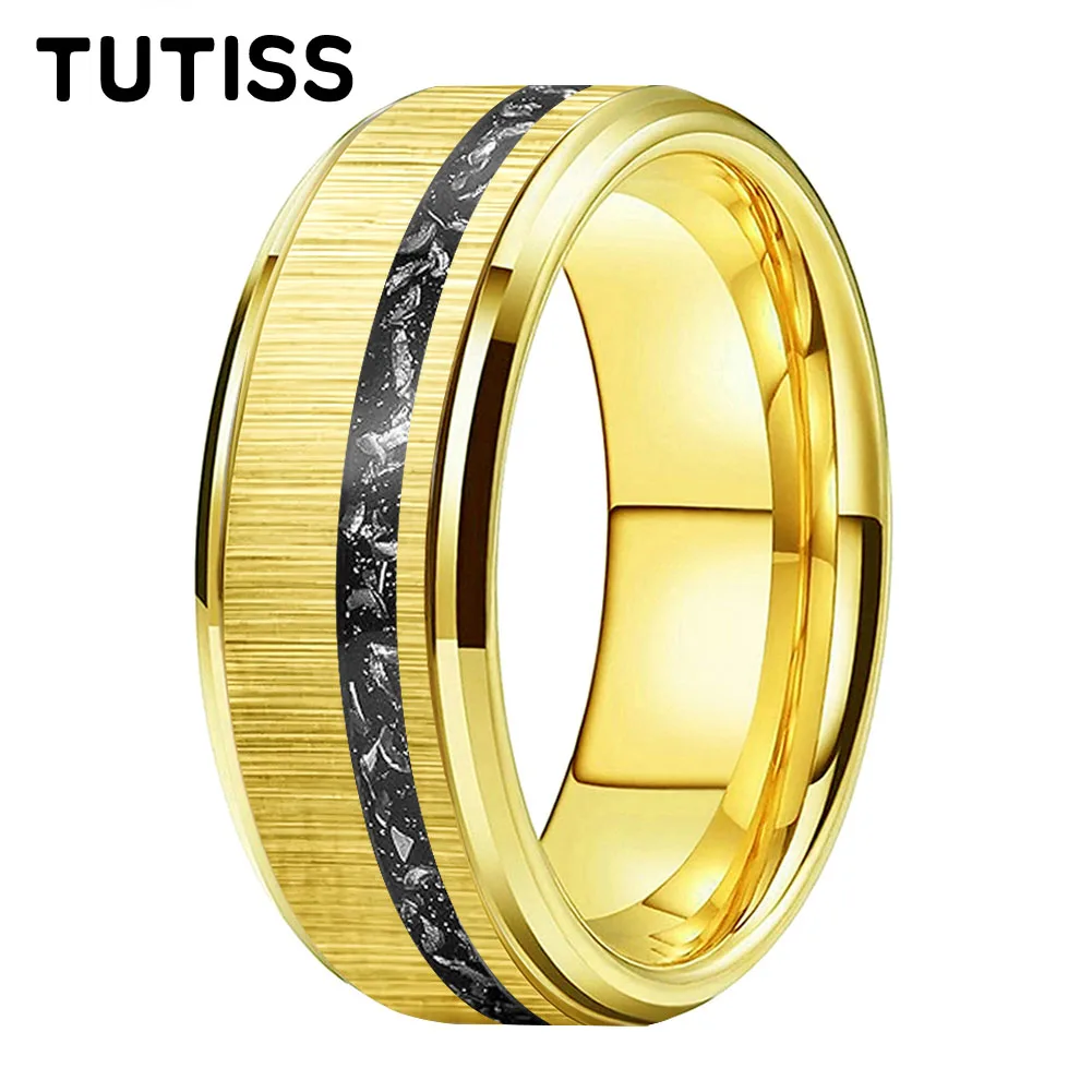 Men 6/8mm Gold Tungsten Carbide Ring With Offset Groove Black Meteorite Inlay, Couple Engagement Ring,Anniversary Ring