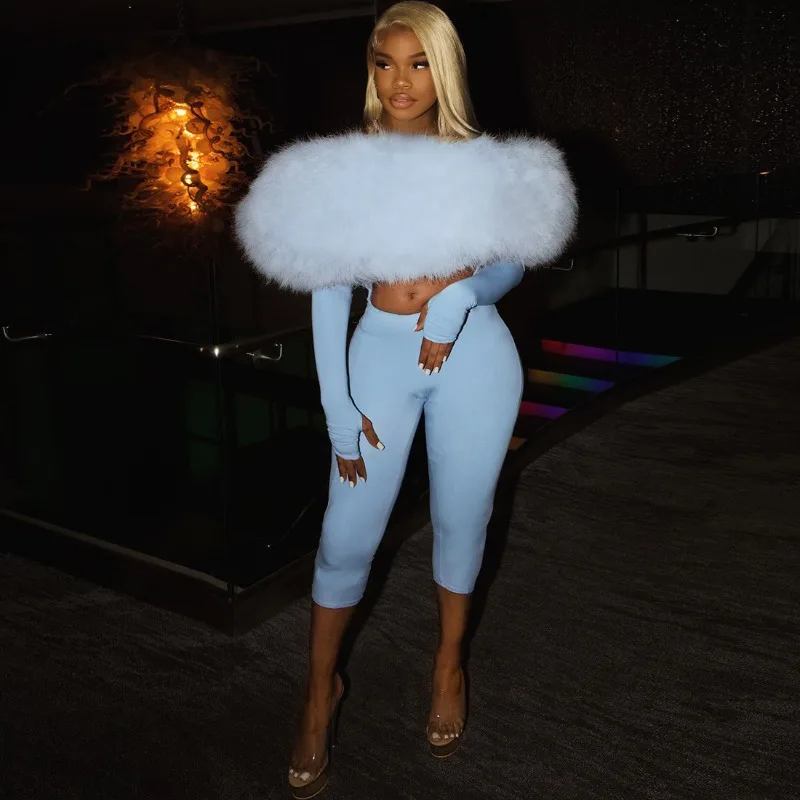 

Faux Fur Patchwork Hollow Out Skinny Calf-length Jumpsuits Women Fashion Off Shoulder Long Sleeve Backless Slim Party Overalls