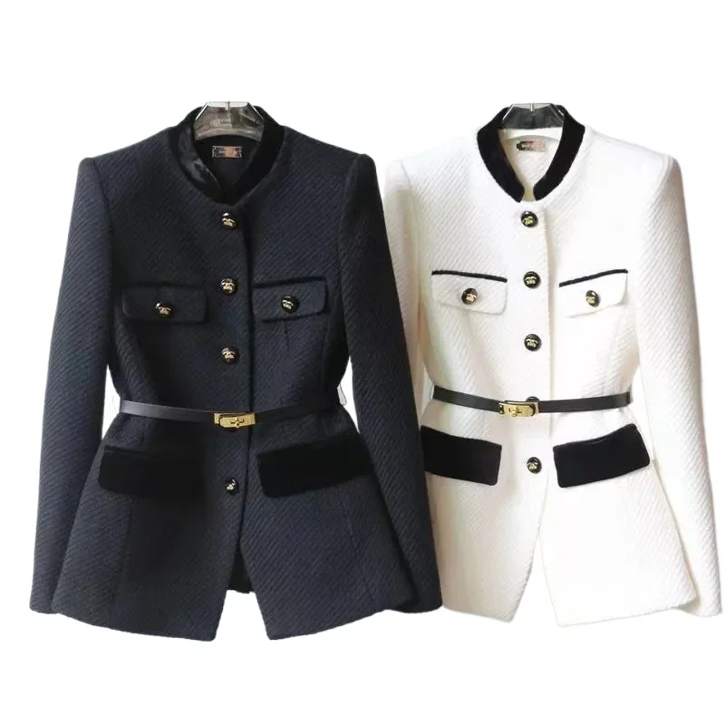 2025 Autunno Inverno Nuovo Piccolo stile profumato Giacca di lana Moda Temperamento sottile Splicing Cappotto in vita Lady Casual Outwear top