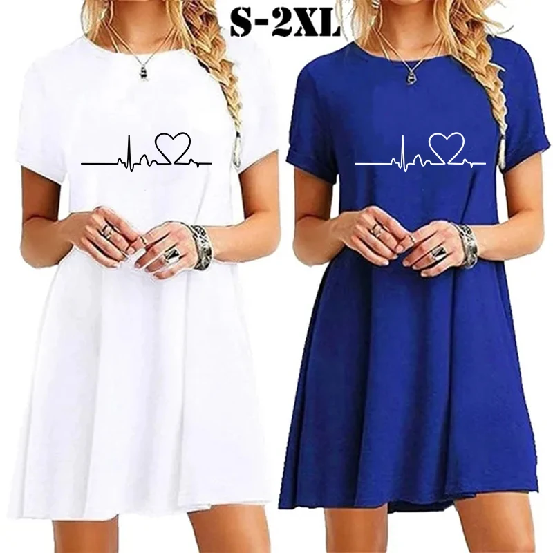 Damska luźna mini sukienka z krótkim rękawem Vintage O Neck Print Elegancka prosta mini sukienka Streetwear Sundress