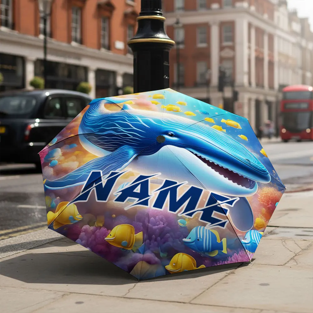 Custom Name umbrella, Vibrant Ocean Whale and Fish Design Fashion Folding Umbrella for Sunny and Rainy Days, Christmas Gift