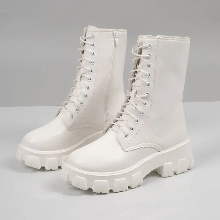 Weiße Plateau-Kampfstiefel für Damen mit Schnürung und seitlichem Reißverschluss, modische Stiefel in mittlerer Wadenhöhe – Detail 6