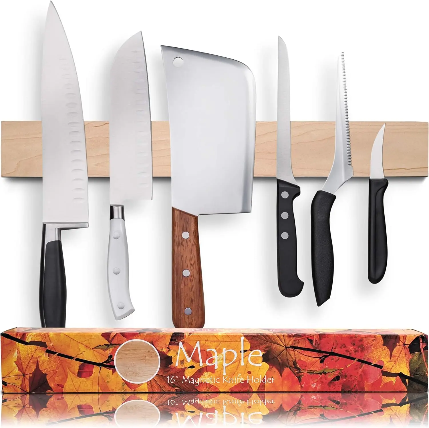 

16" Maple Wood Magnetic Knife Holder – Powerful Neodymium, Space-Saving