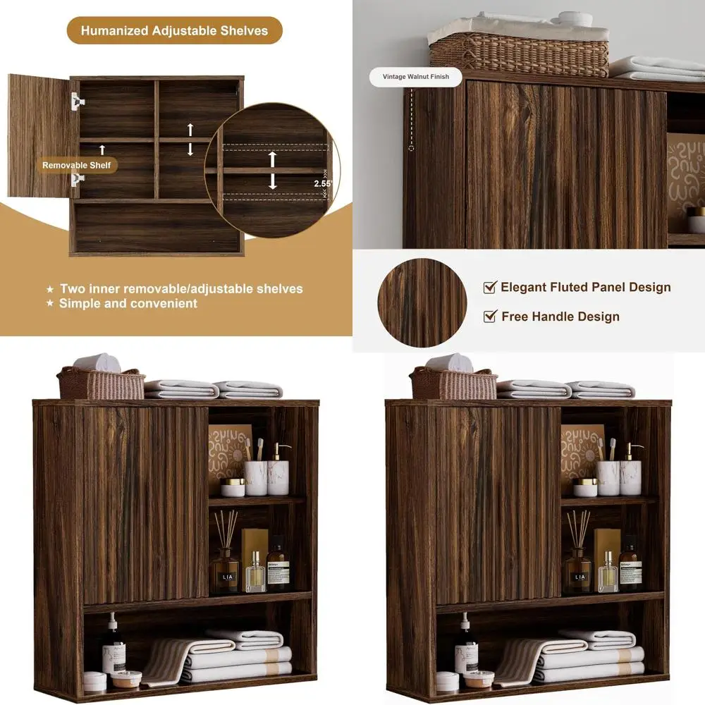 

Dark Walnut Fluted Farmhouse Wall Cabinet, Over Toilet Medicine Storage with Adjustable Shelf, 23.2x24x7.6 Wood Organizer