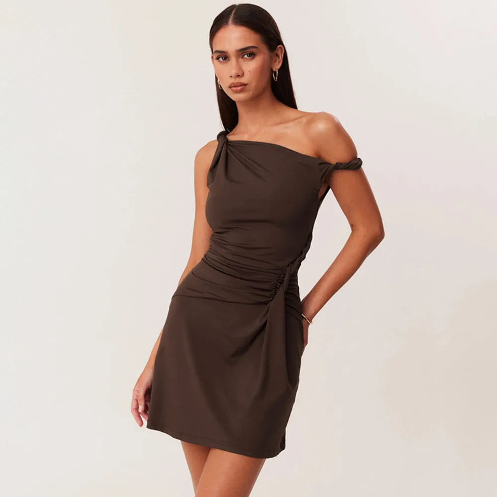 Blifanbo sexy gola diagonal mini vestido feminino elegante ruched cinta de espaguete magro cintura alta sólido retalhos clube vestido de festa