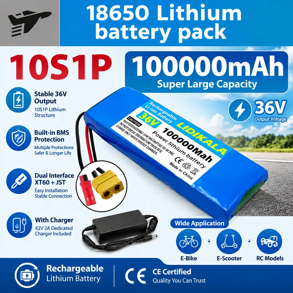 Pacco batteria al litio ricaricabile da 36 V, configurazione 10S1P, elevata capacità di 100.000 mAh, dotato di scheda di protezione BMS, utilizzabile per skateboard, biciclette e progetti fai-da-te,