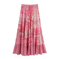 Tangada 2024 Women Flower Print Pleated Skirt Strethy High Waist Female Long Skirt 6X0377