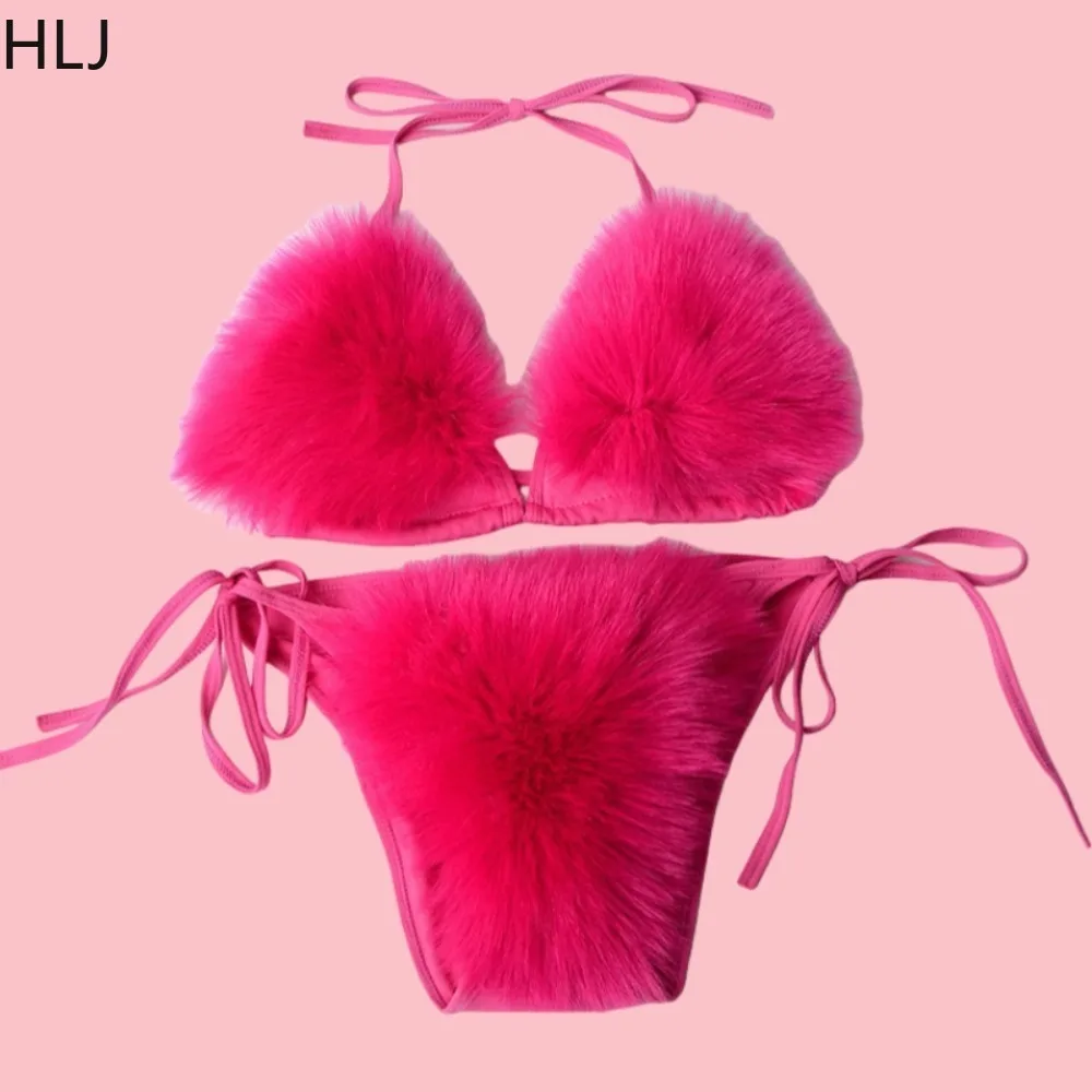

HLJ Sexy Fur Patchwork Two Piece Swimsuits Women Spaghetti Strap Bra Underwear Split Triangle Sexy Bikini Set Female Beachwear