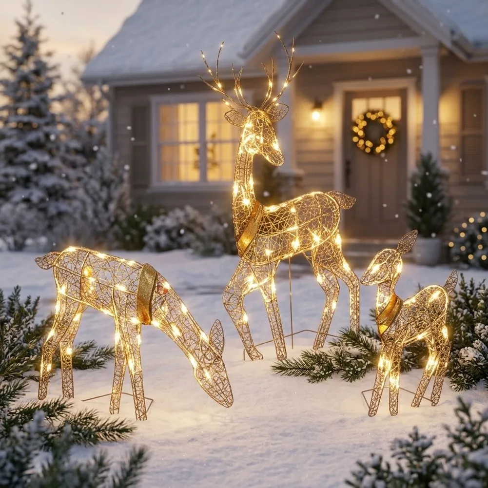 3PCS Illuminated Christmas Reindeer Family Set Metal LED Light Decor For Holiday Yard Lawn Garden Outdoor Festival Ornaments